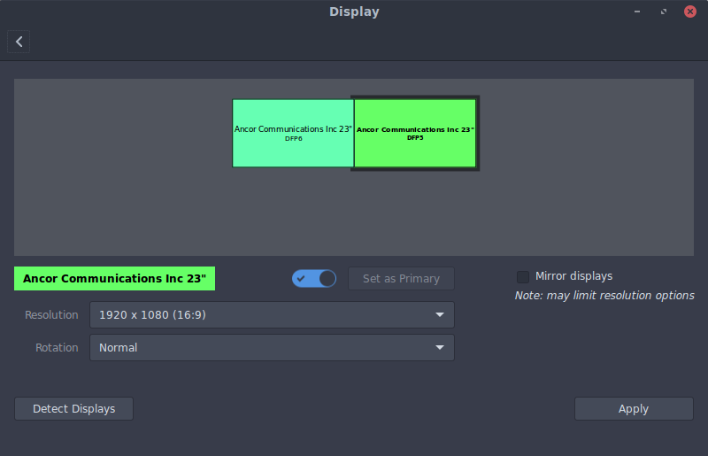 Cinnamon's display settings panel